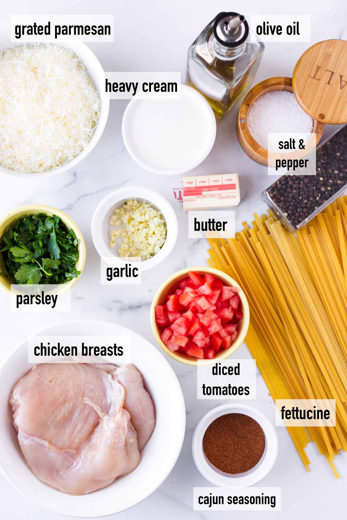 labeled ingredients to make cajun chicken alfredo