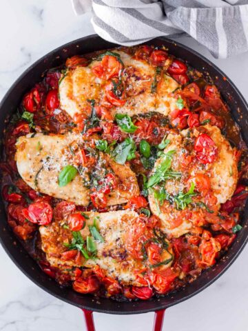 top view of chicken pomodoro made with fresh tomatoes and basil