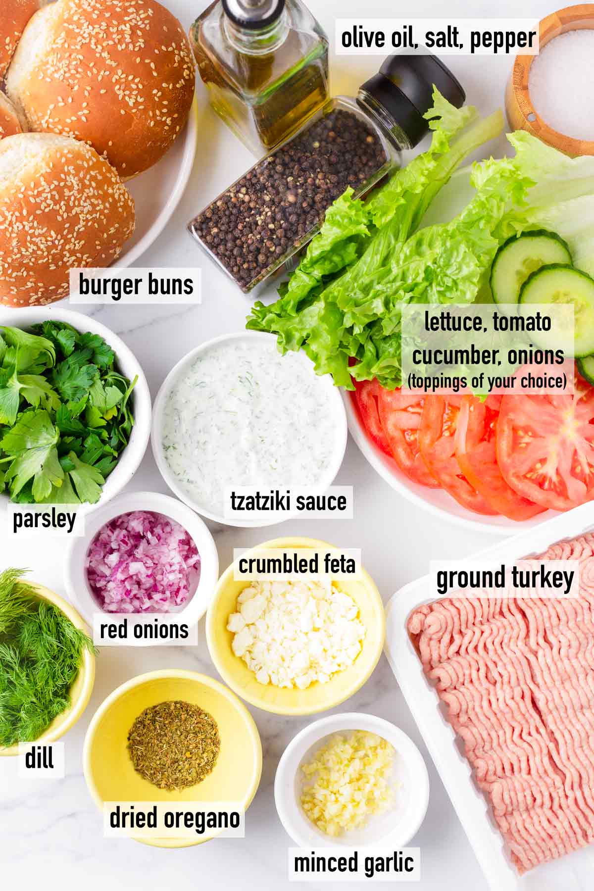 labeled ingredients to make greek style turkey feta burgers
