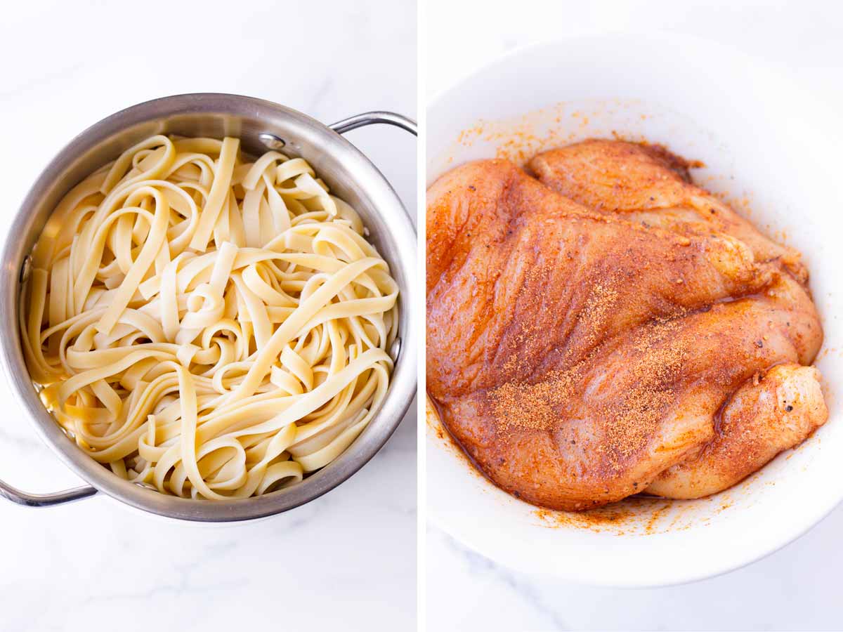 cooked fettuccine in colander and seasoned chicken in bowl