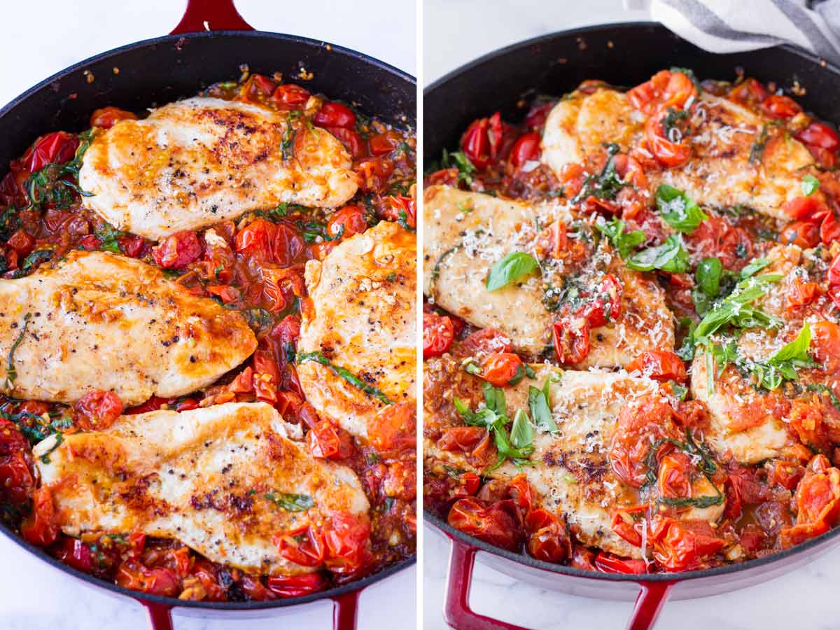 chicken added back to skillet with chunky tomato sauce