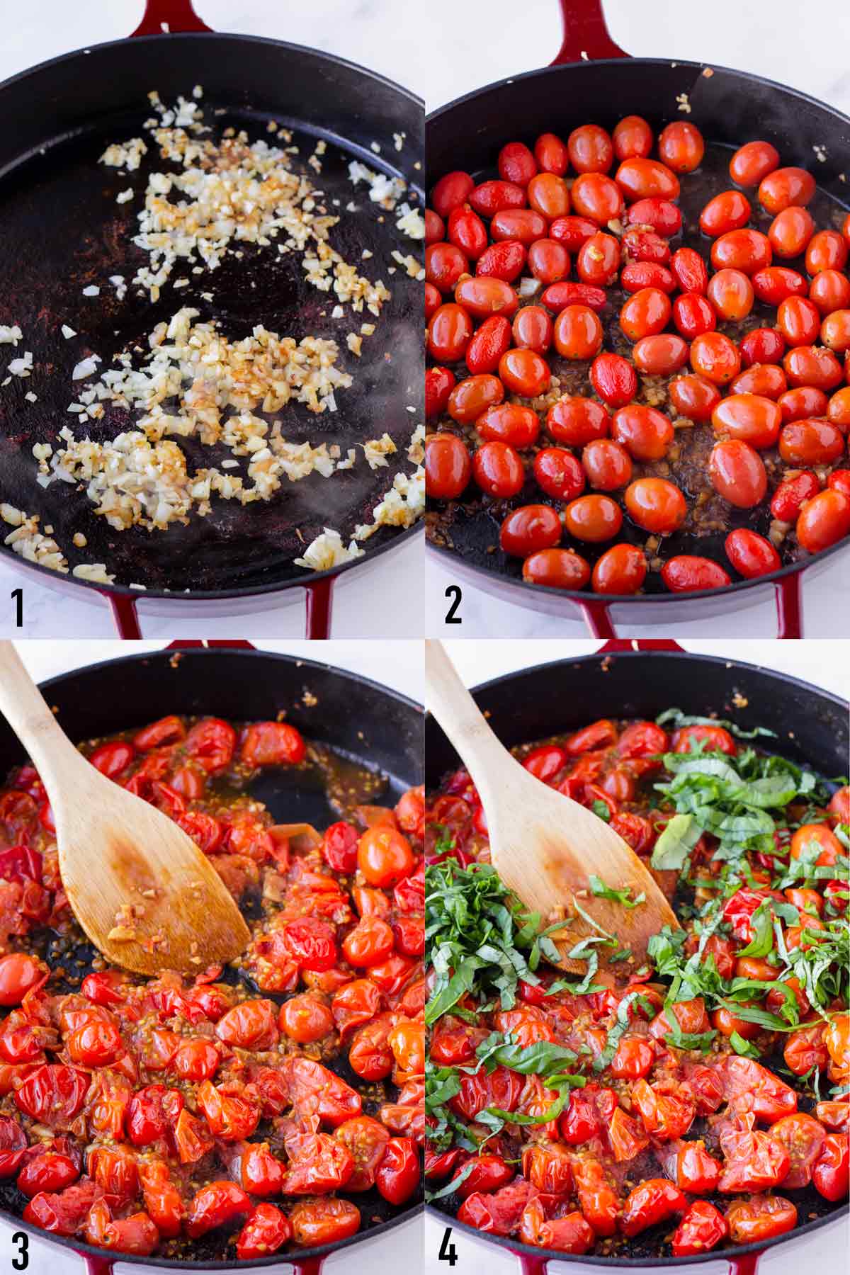 step by step making the rustic tomato basil sauce