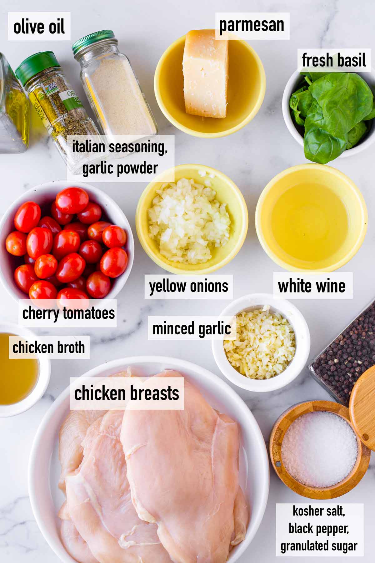 labeled ingredients to make chicken pomodoro