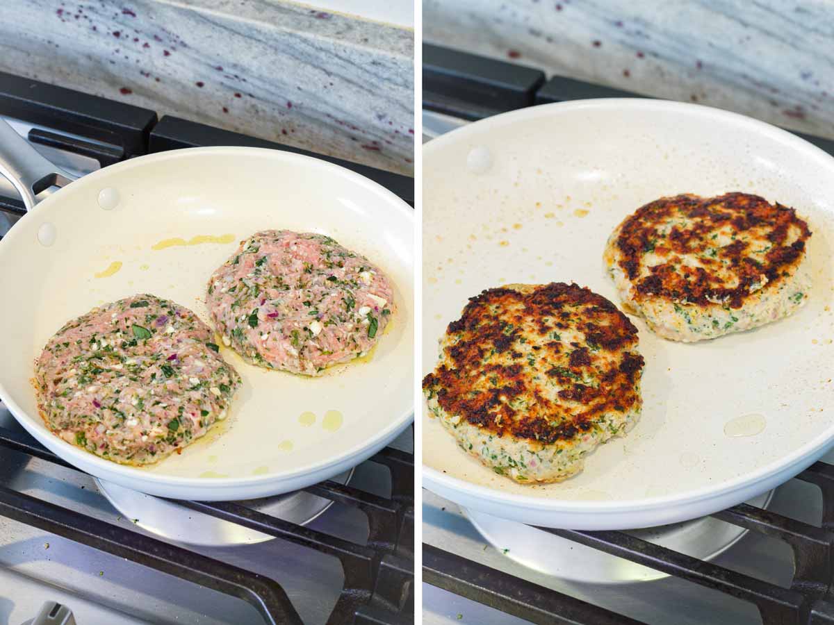 cooking two burger patties on a round skillet