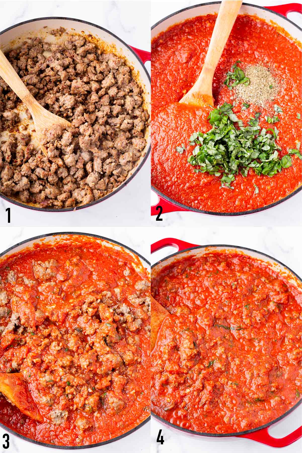 step by step making the sausage and marinara sauce in pot