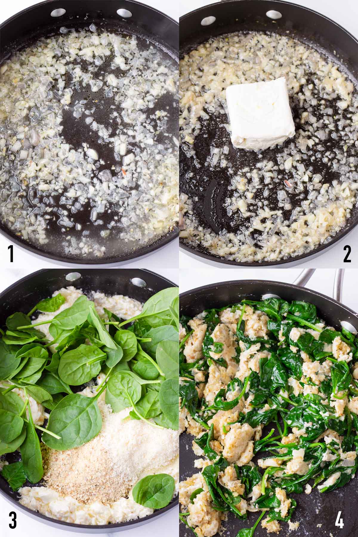 step by step making the cream cheese spinach filling on skillet