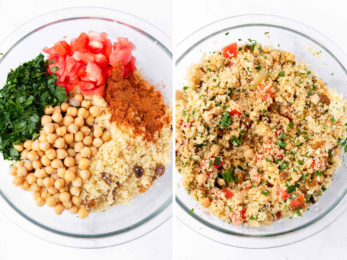 ingredients for the couscous and chickpea filling in a bowl