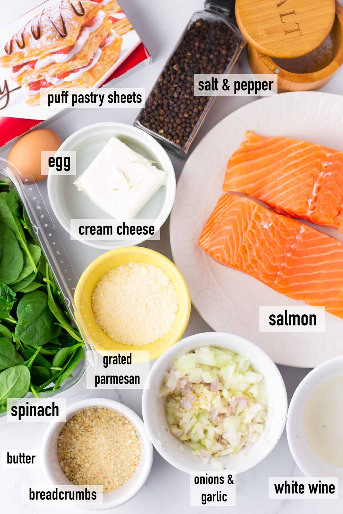 labeled ingredients to make salmon en croute