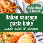 pin image design for sausage pasta bake recipe