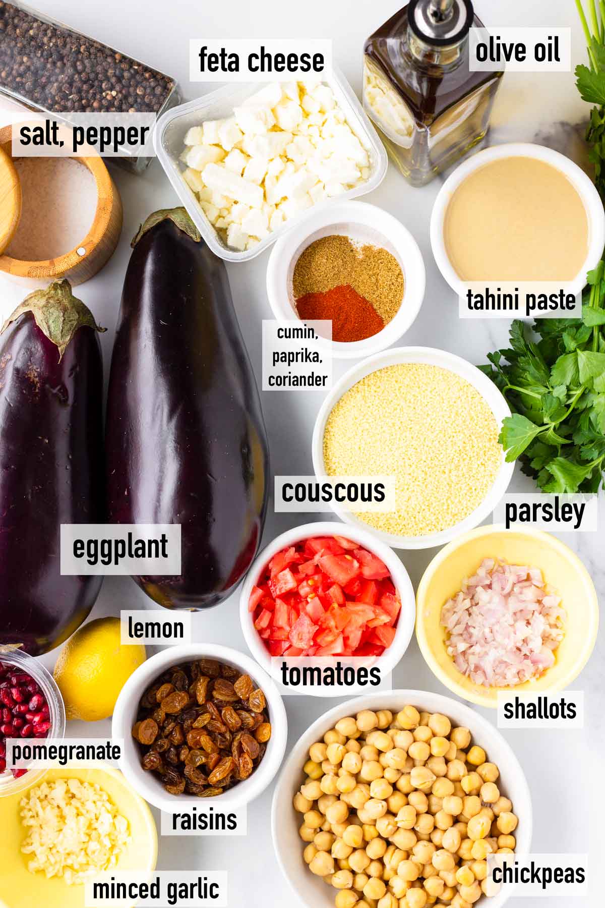 labeled ingredients to make vegetarian stuffed eggplant