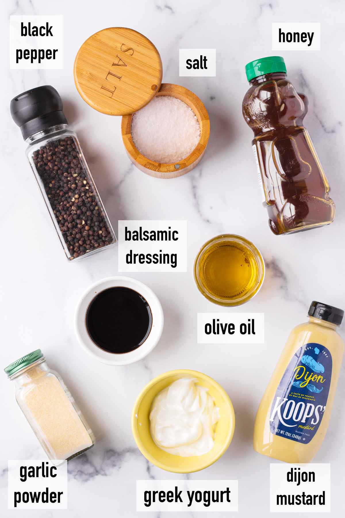 labeled ingredients to make creamy balsamic dressing