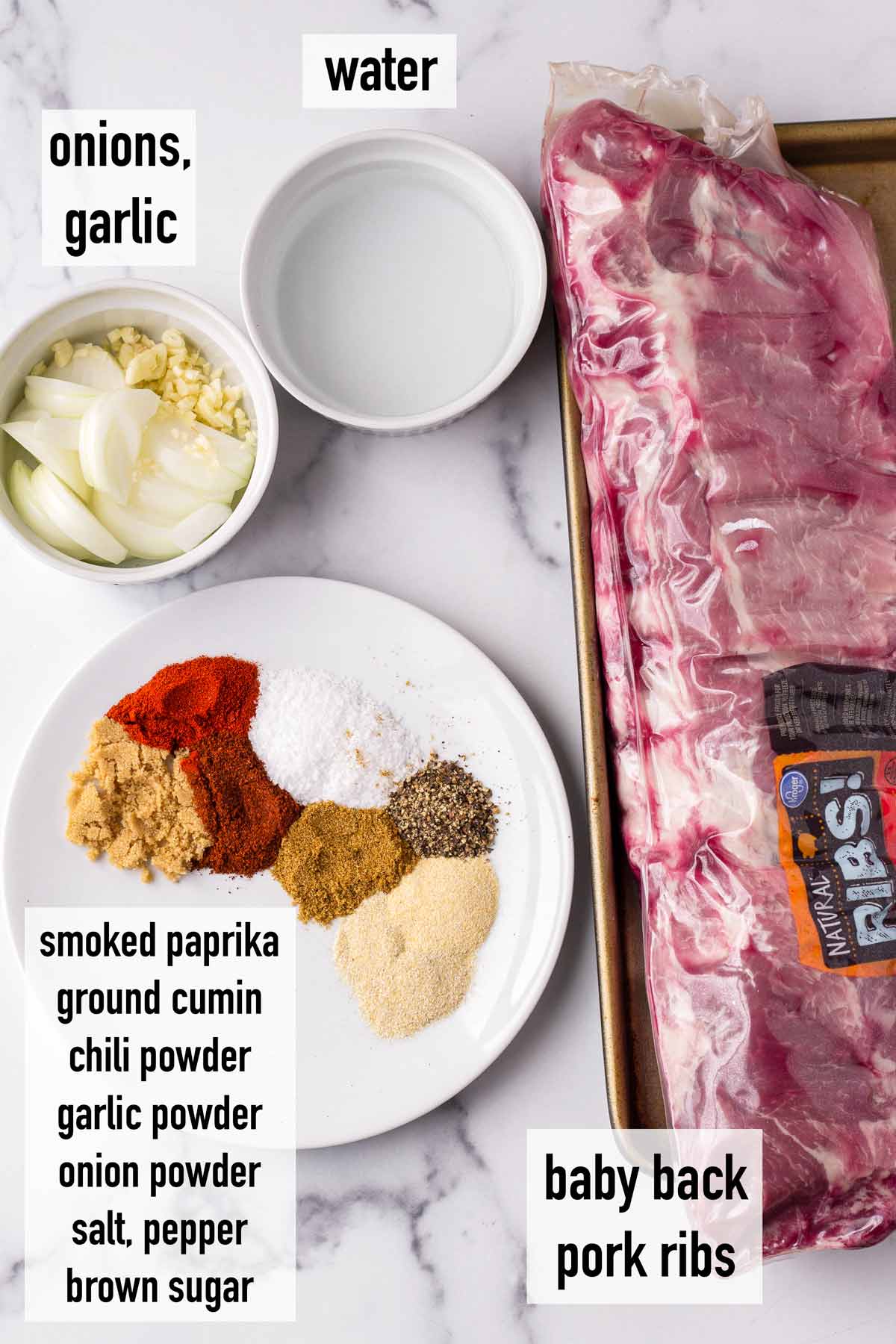 labeled ingredients to make slow cooked BBQ ribs