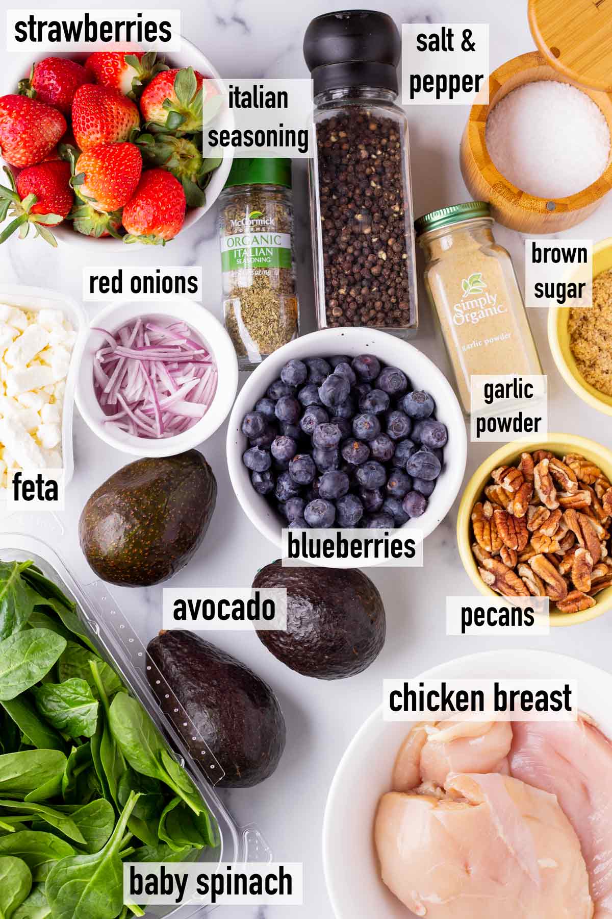 labeled ingredients to make strawberry spinach salad