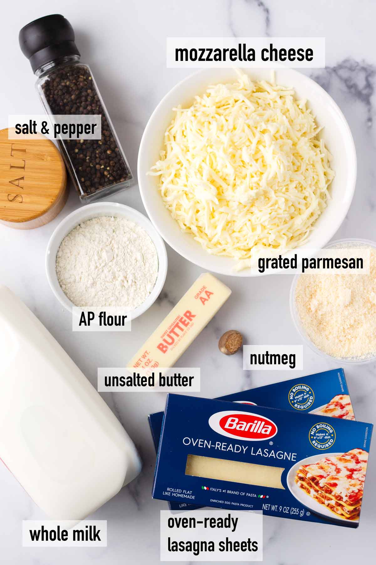labeled ingredients to make bechamel sauce and lasagna