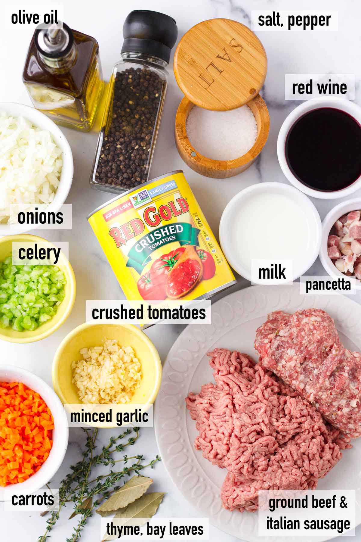 labeled ingredients to make meat bolognese sauce