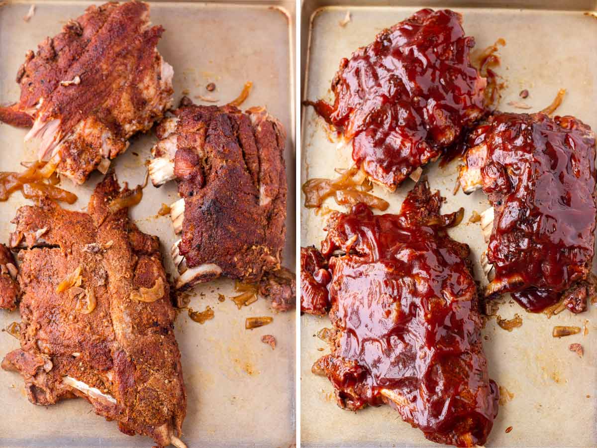 a rack of ribs on sheet pan without and with bbq sauce