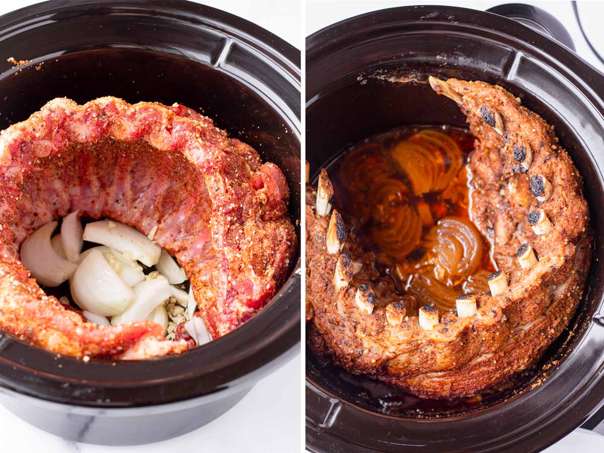 pork loin ribs arranged in a slow cooker