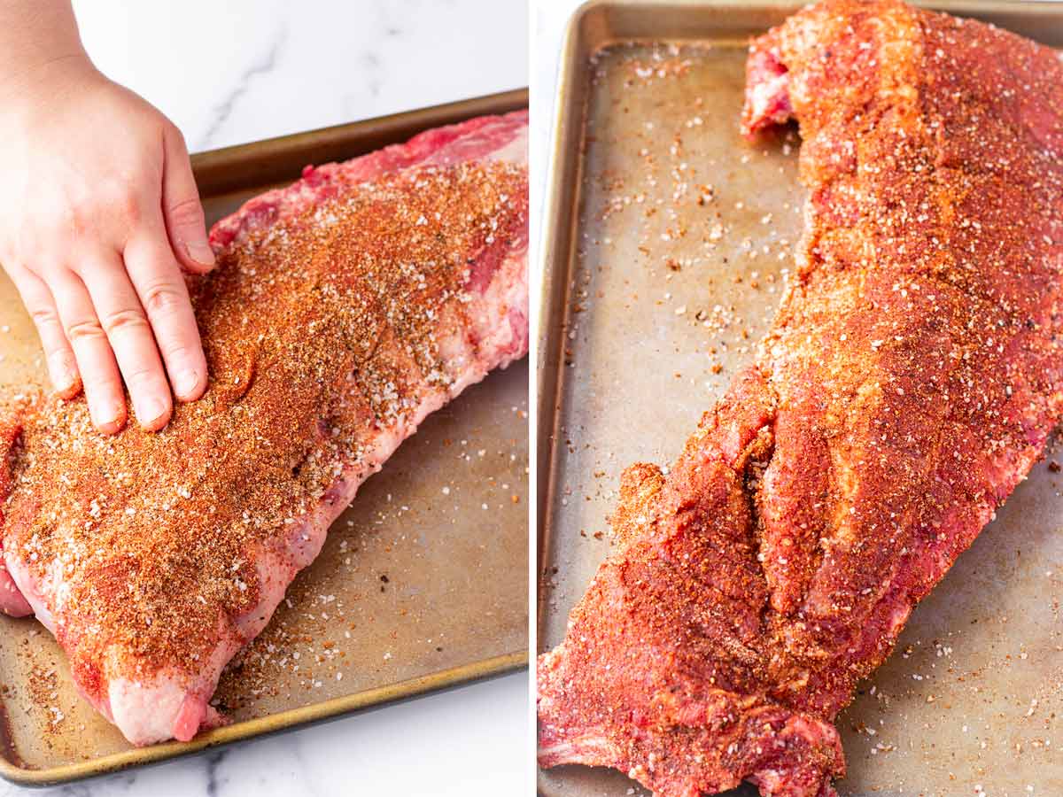 rubbing a whole rack of ribs with homemade dry rub