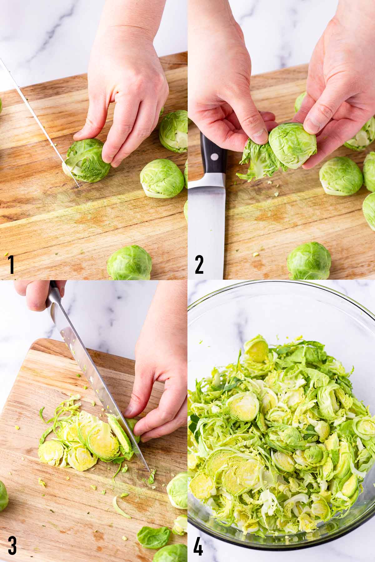 step by step shaving Brussels sprouts with a knife