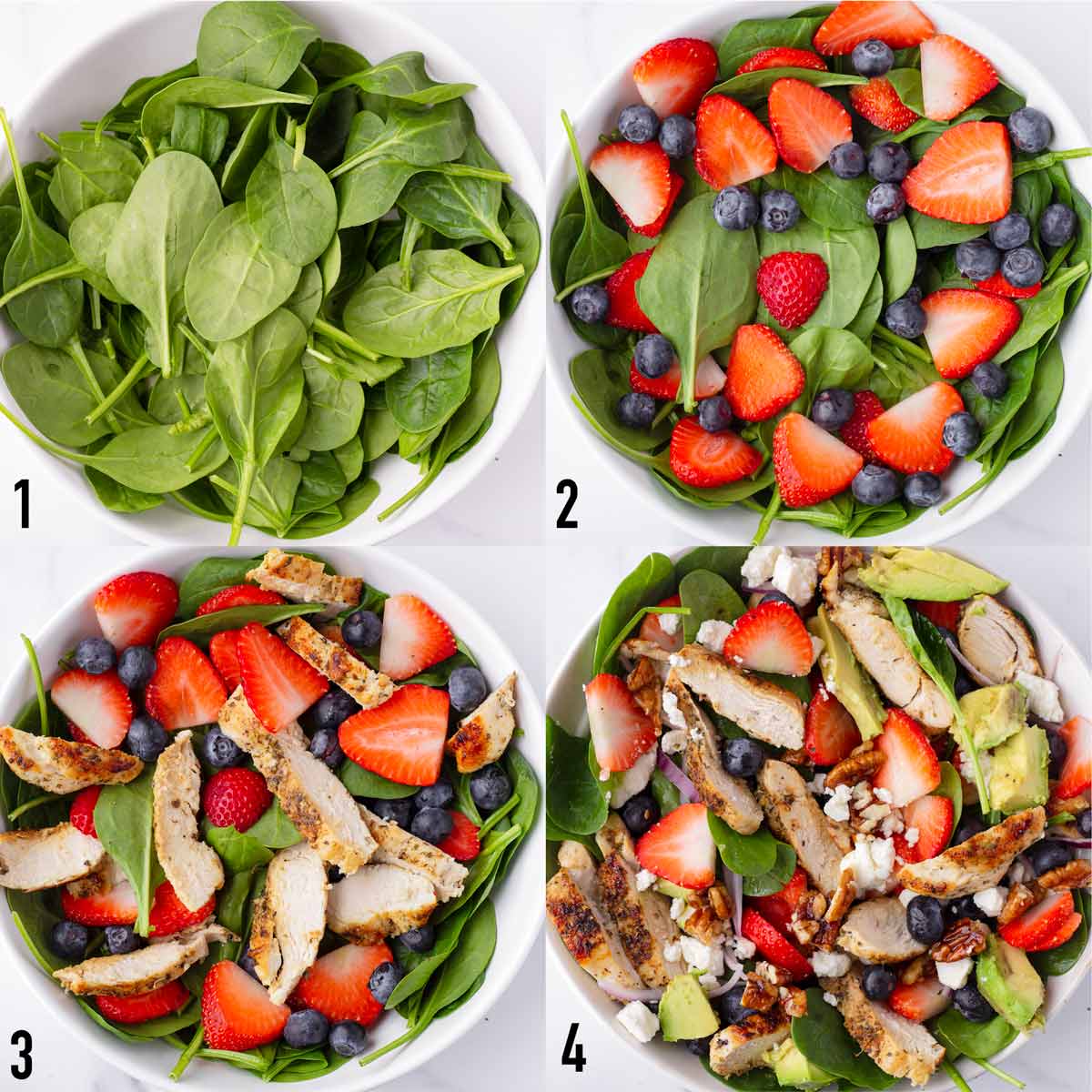 step by step assembling strawberry spinach salad