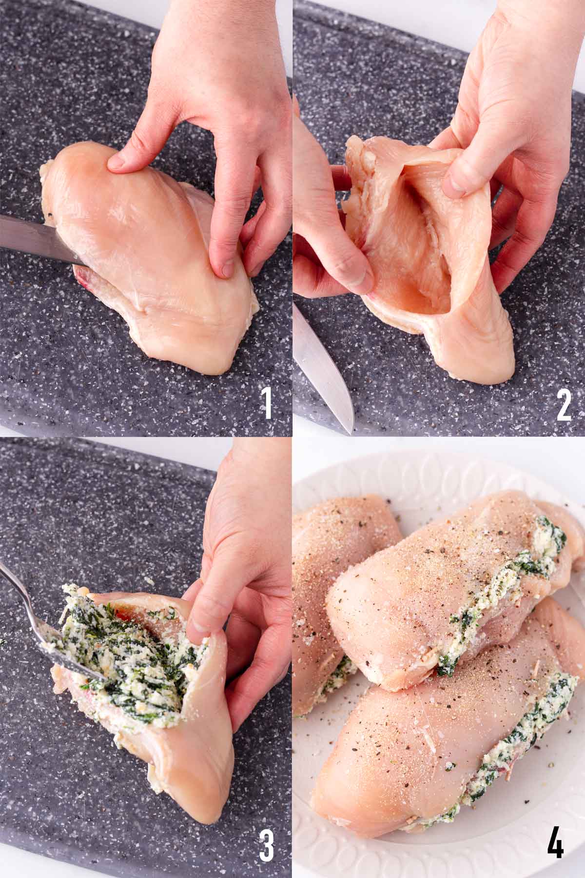 cutting pockets on chicken breast and stuffing with filling