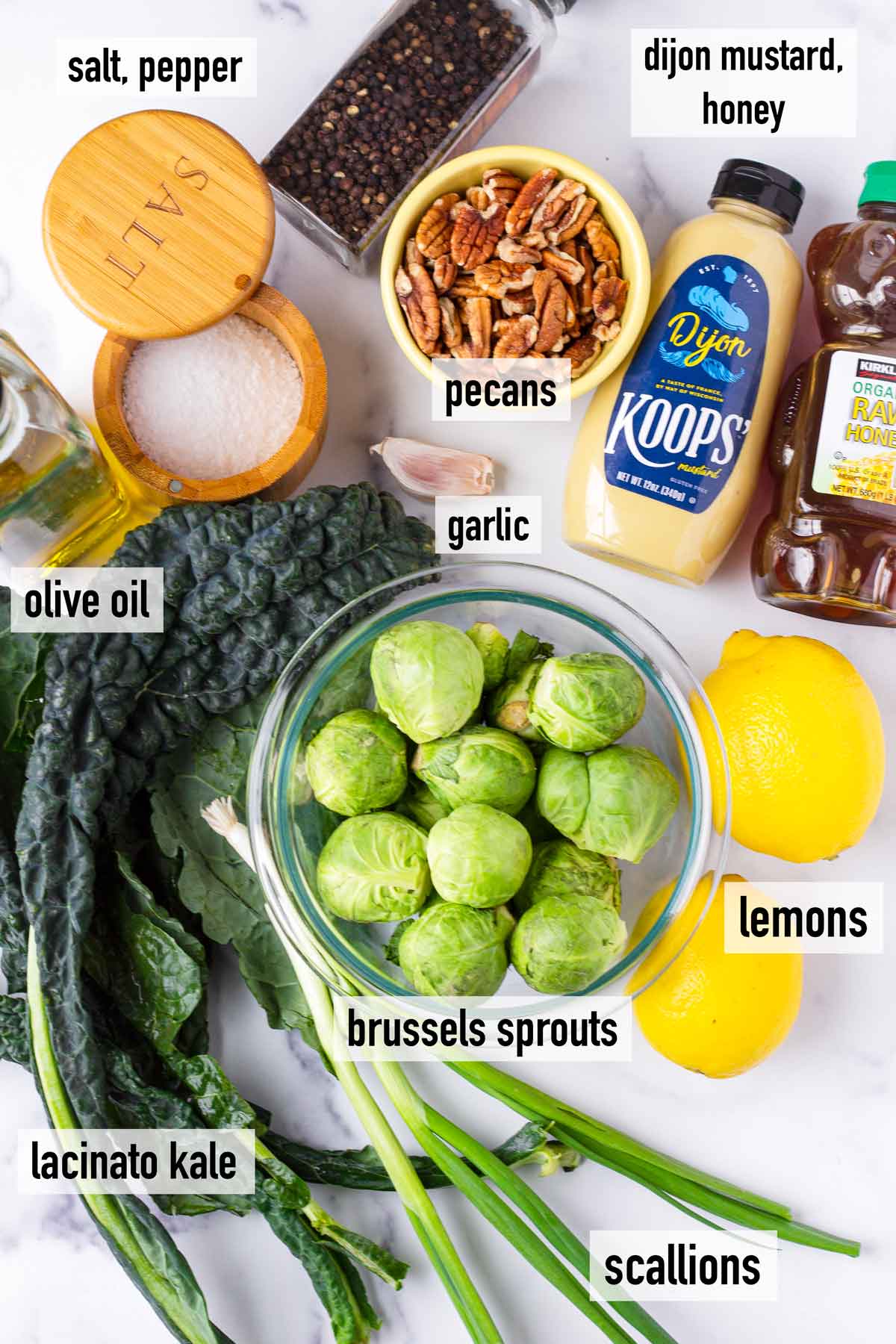 labeled ingredients to make shaved brussels sprouts salad