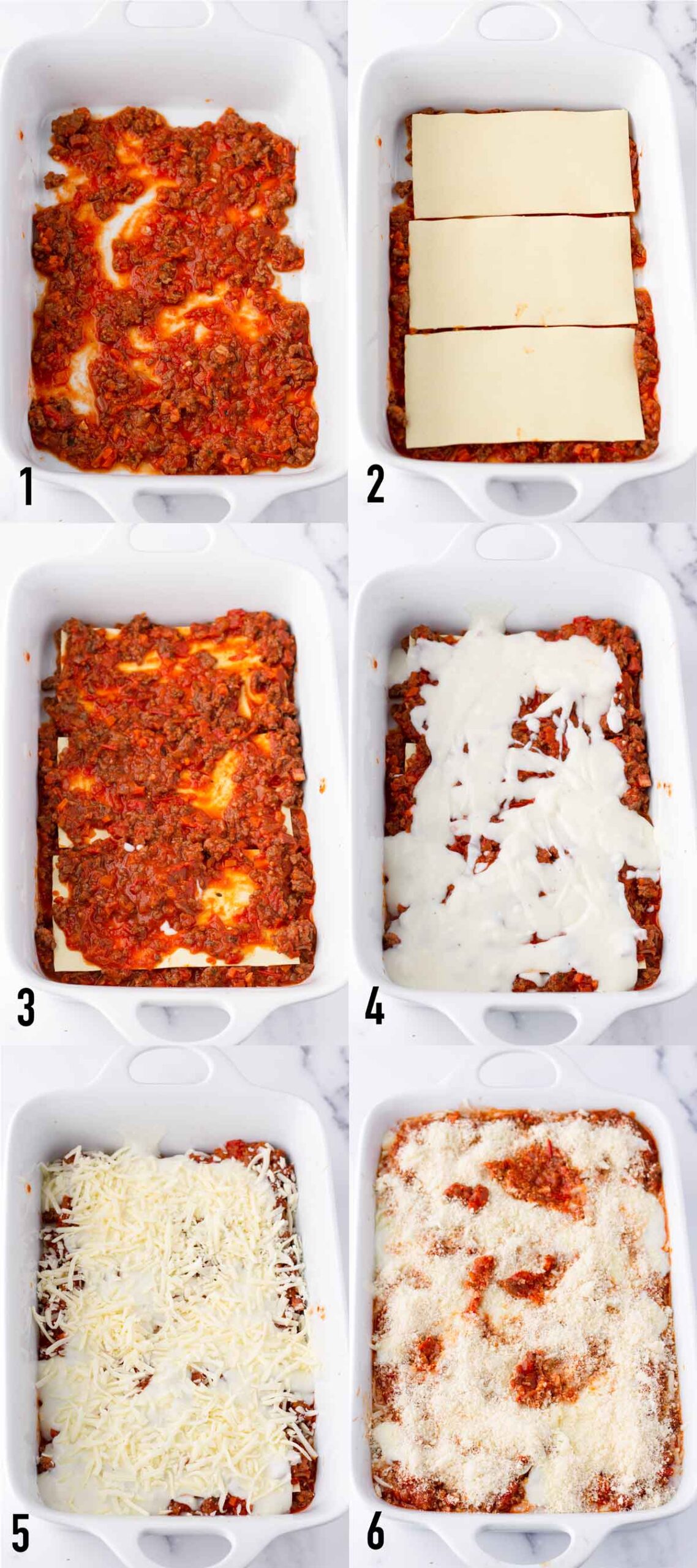 steps by step assembling lasagna in a baking dish