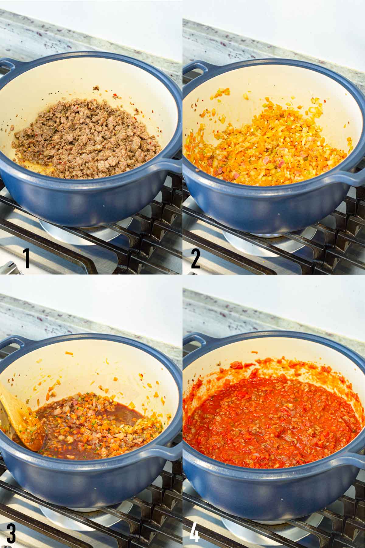step by step cooking meat bolognese sauce in a blue pot