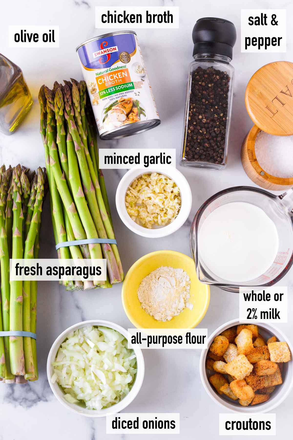 labeled ingredients to make cream of asparagus soup