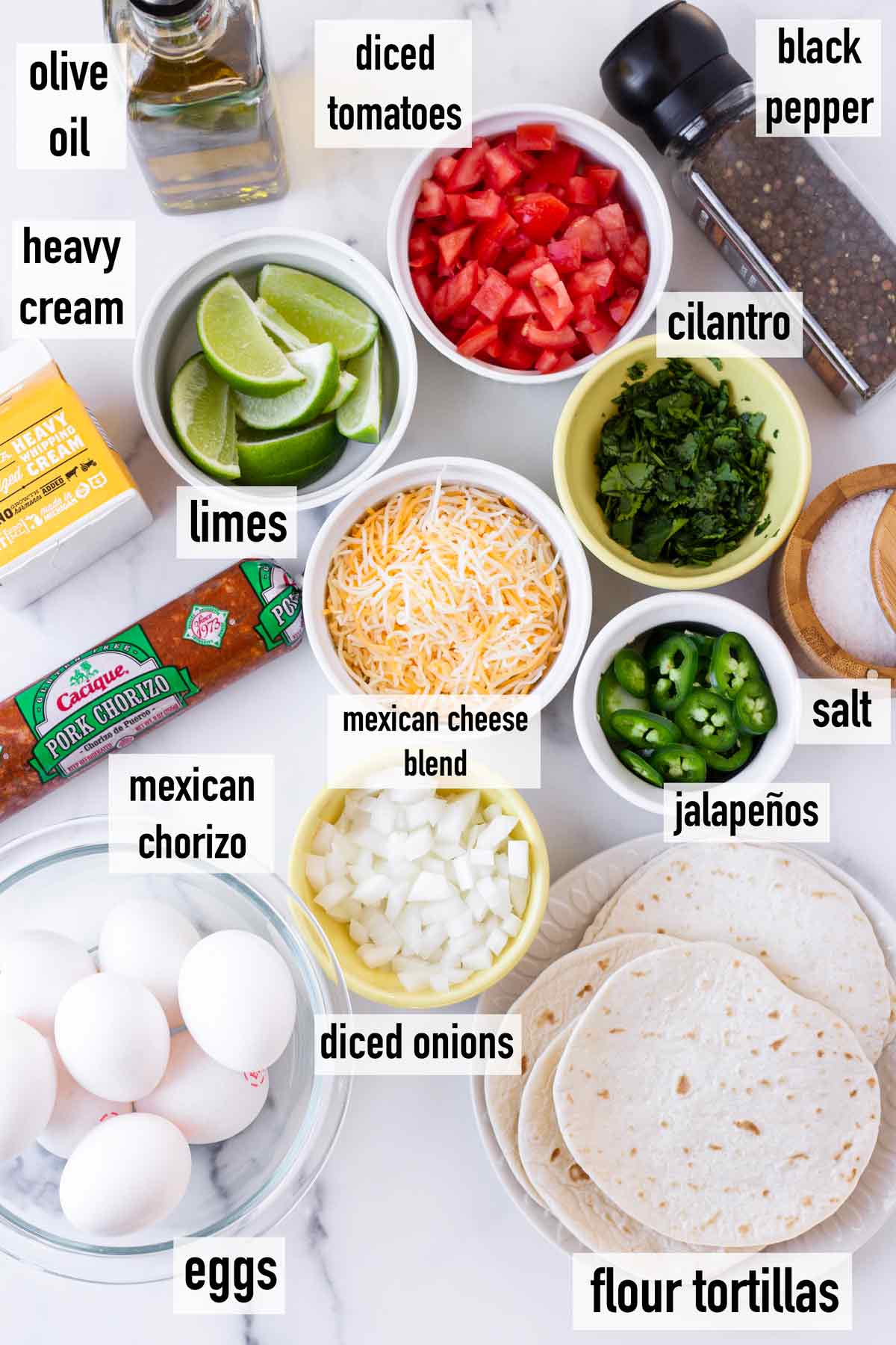 labeled ingredients to make chorizo tacos with egg