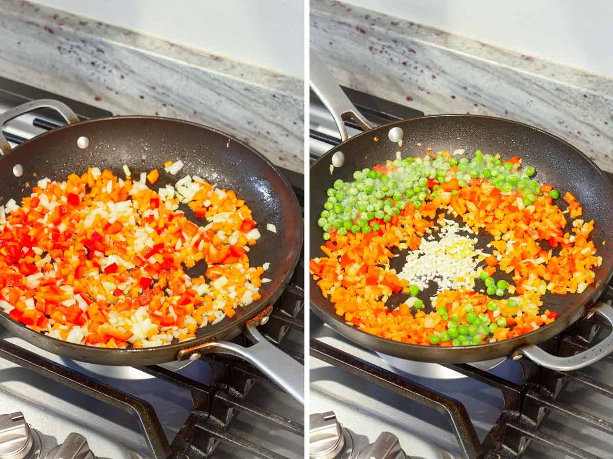 cooking diced vegetables and garlic on large skillet