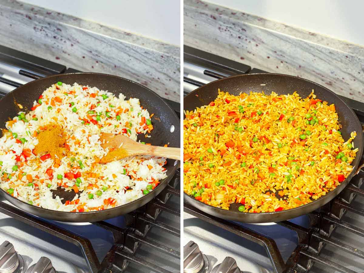 adding rice and curry powder to skillet with rice