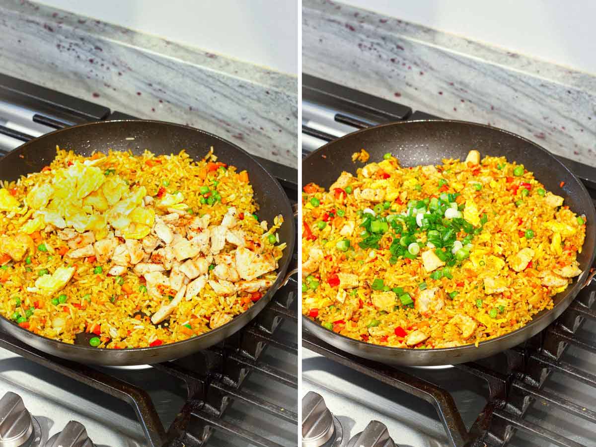 adding chicken and eggs to skillet with rice