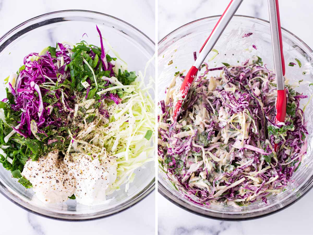 tossing coleslaw with dressing in a glass bowl