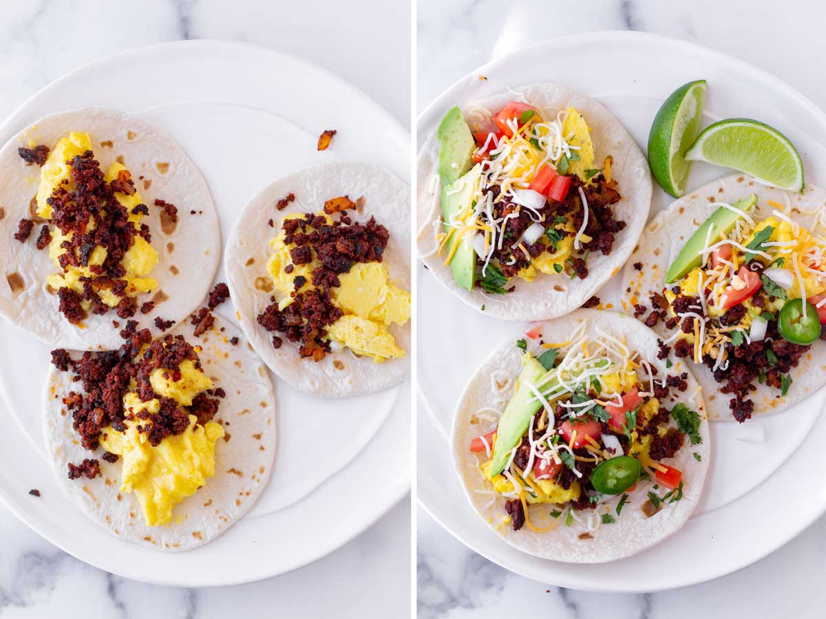 assembling tacos with eggs, meat, and toppings
