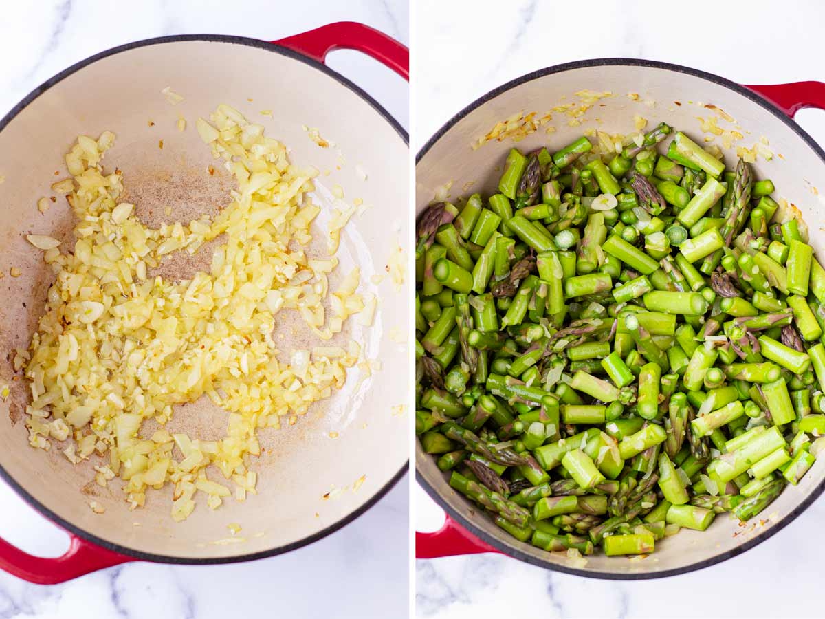 sauteing garlic, onions, and asparagus in dutch oven pot