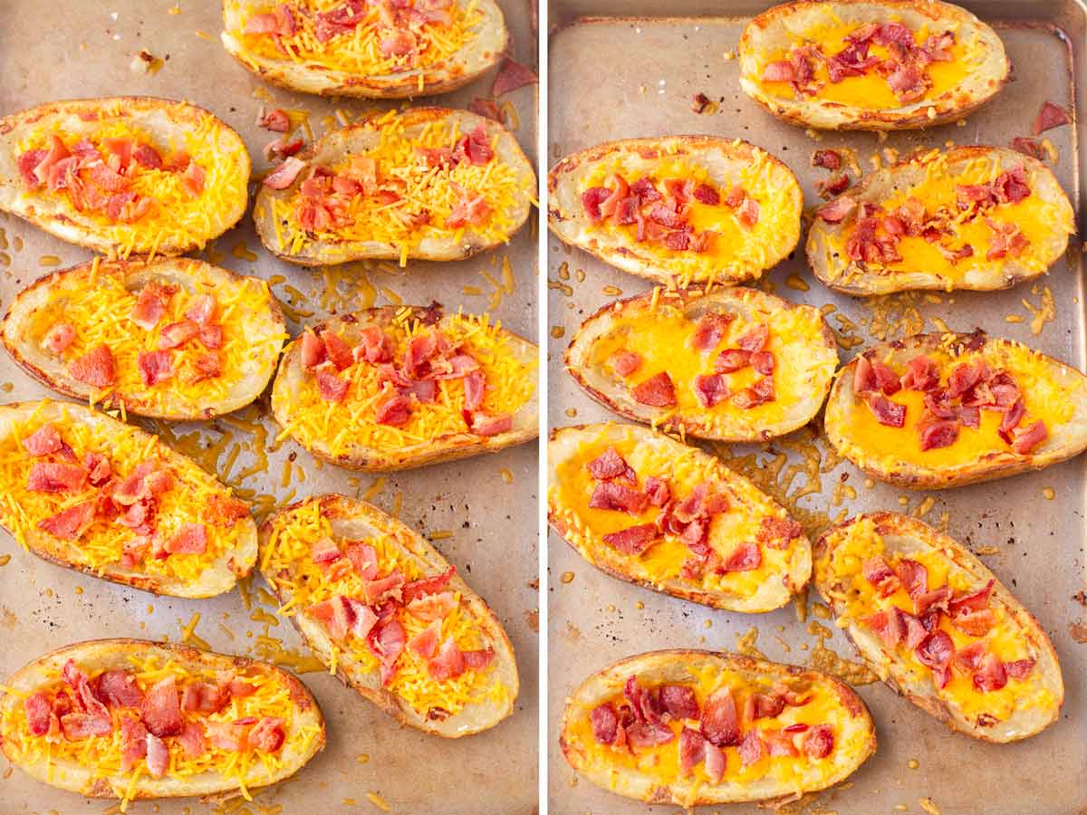 melting cheese and bacon over empty potato shells