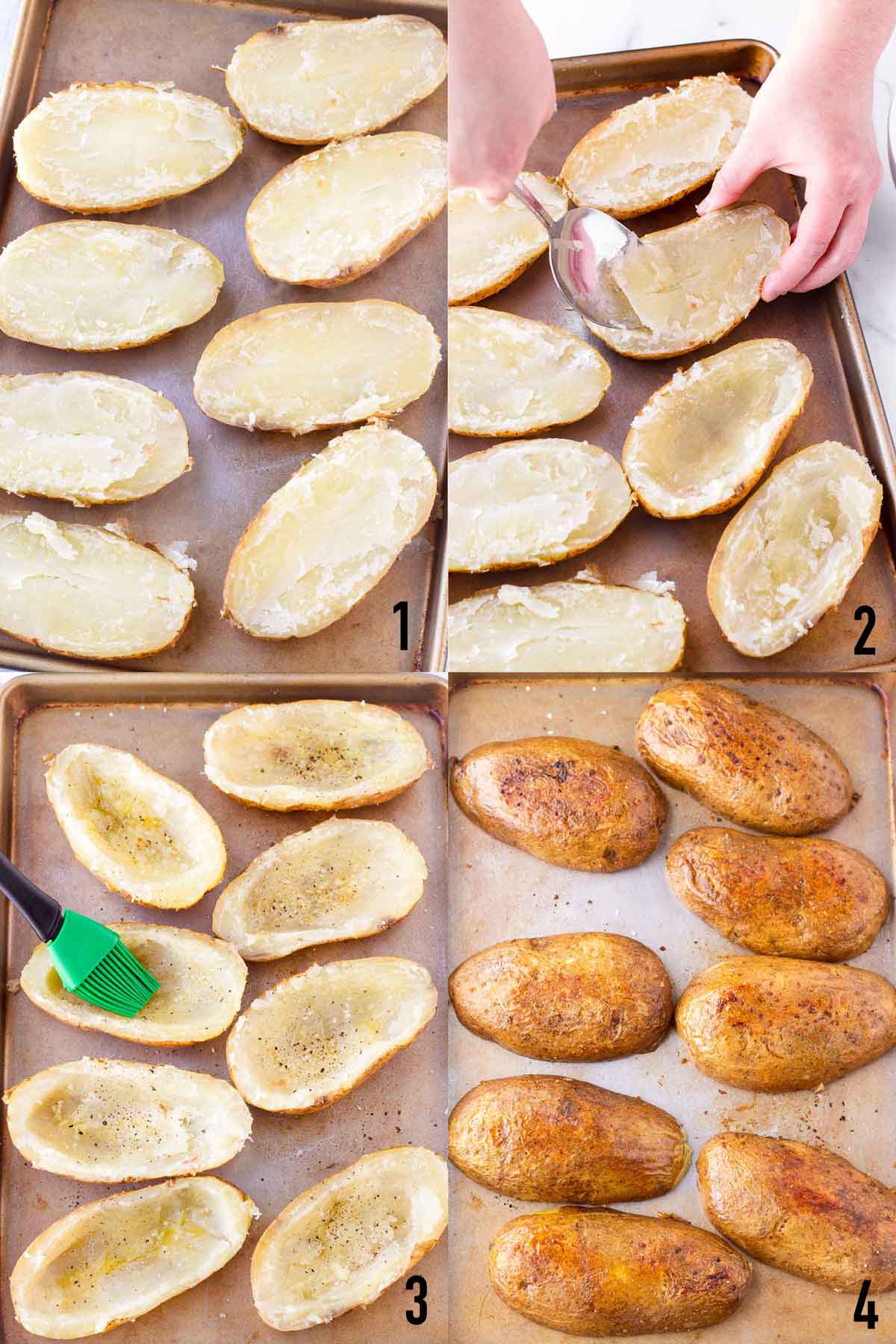 step by step scooping out potatoes, brushing with oil, and baking