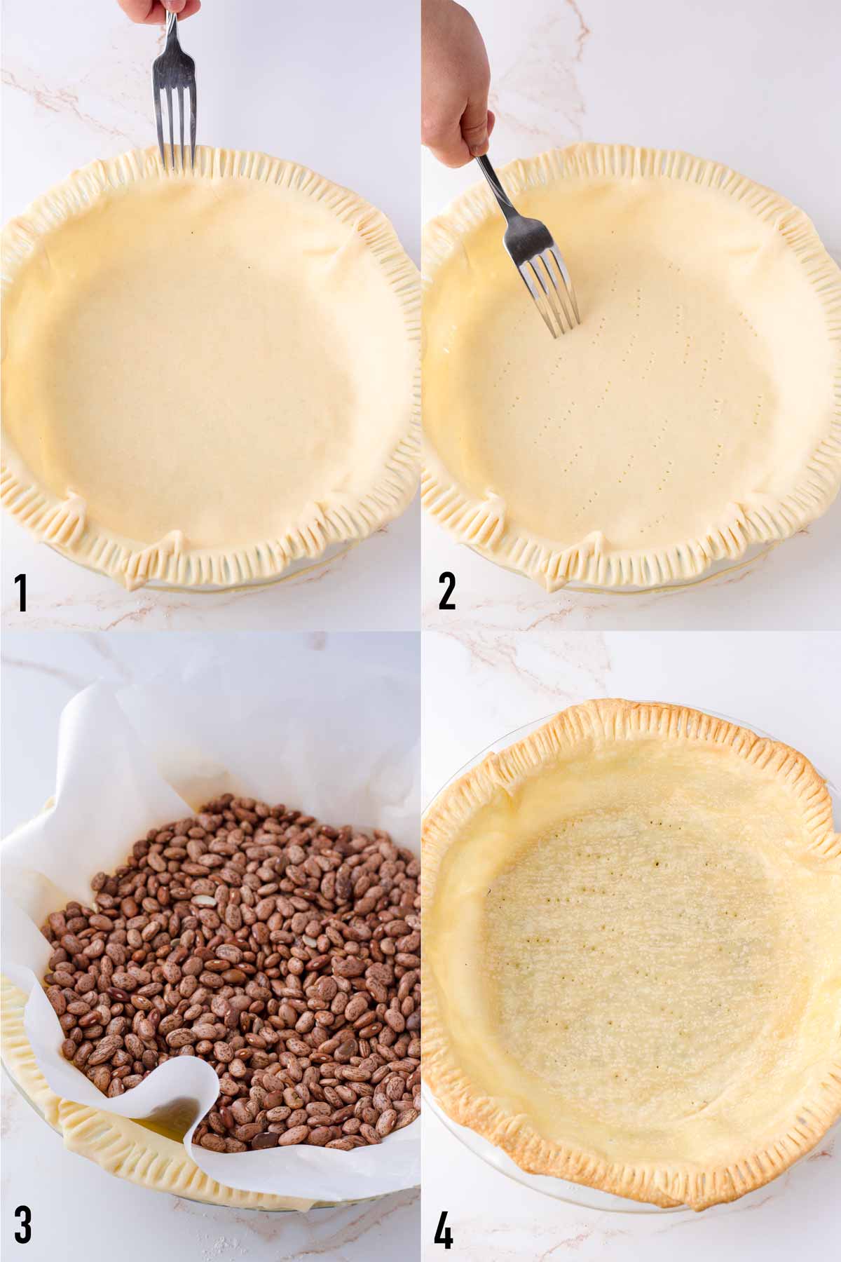 step-by-step process of assembling dough and pre baking crust