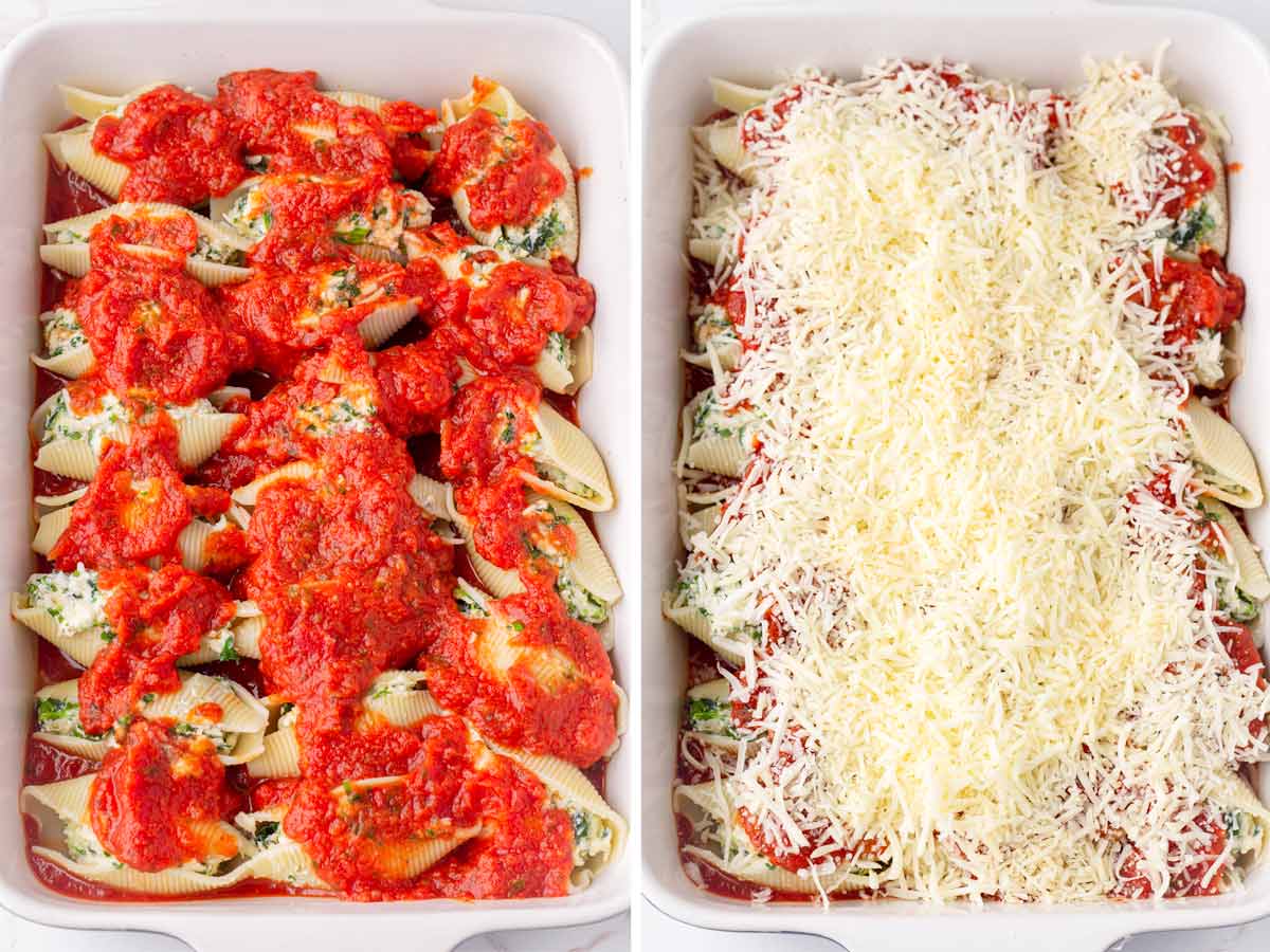 baking tray with unbaked pasta shells topped with marinara and cheese