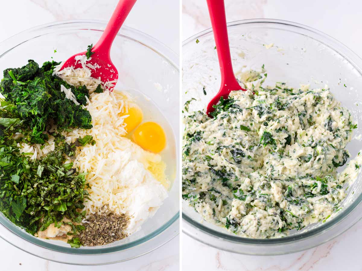 mixing cheese, eggs, spinach, herbs, and seasoning in bowl