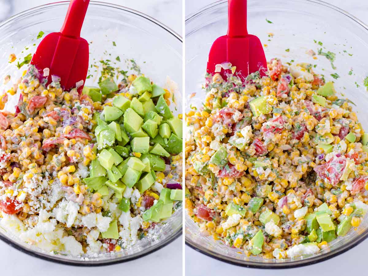 combining corn mixture with avocado and crumbled cheese