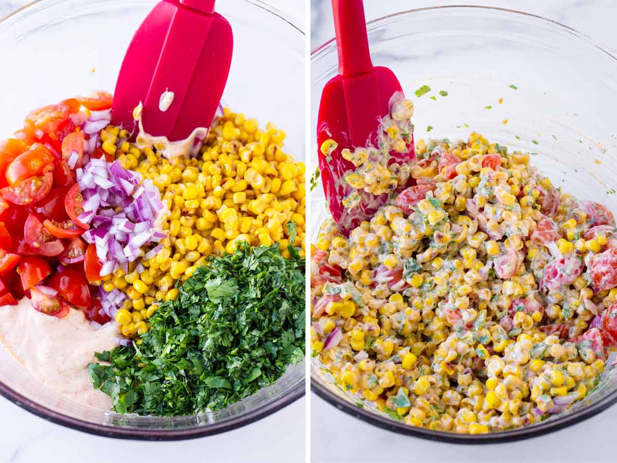 mixing corn, tomatoes, onions, cilantro, and dressing in a bowl