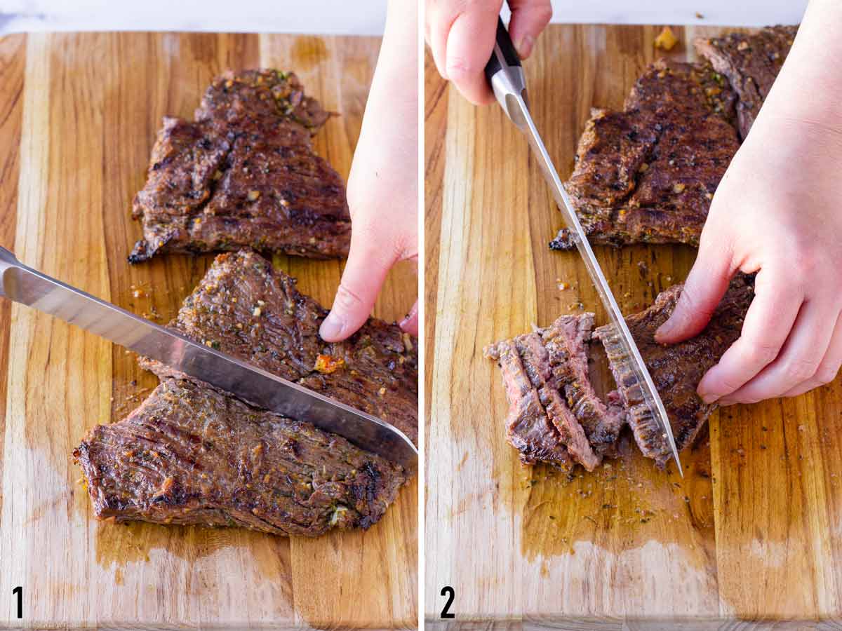 slicing grilled skirt steak against the grain