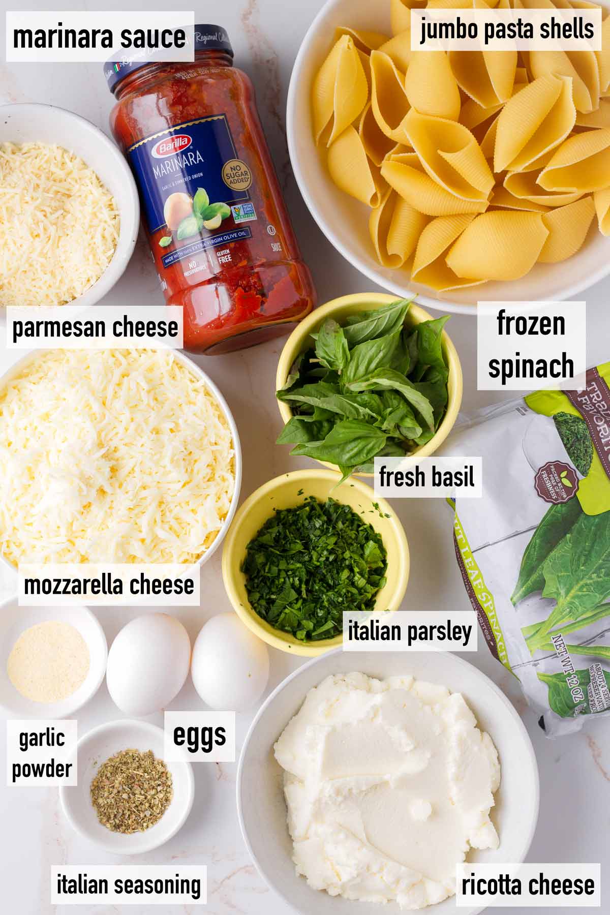 labeled ingredients to make baked stuffed shells