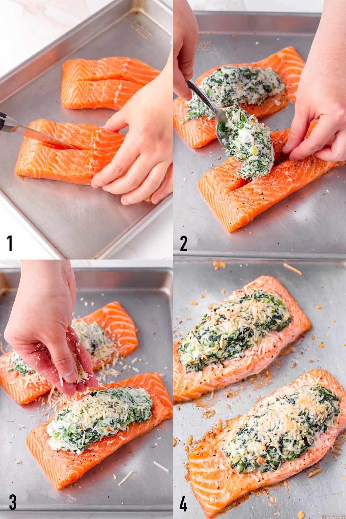 step by step adding filling into salmon fillets