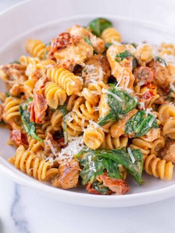 close up on chicken pasta with sundried tomatoes and spinach