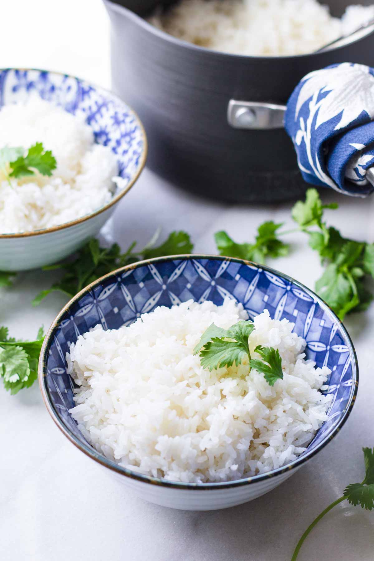 two bowls of coconut rice next to pot