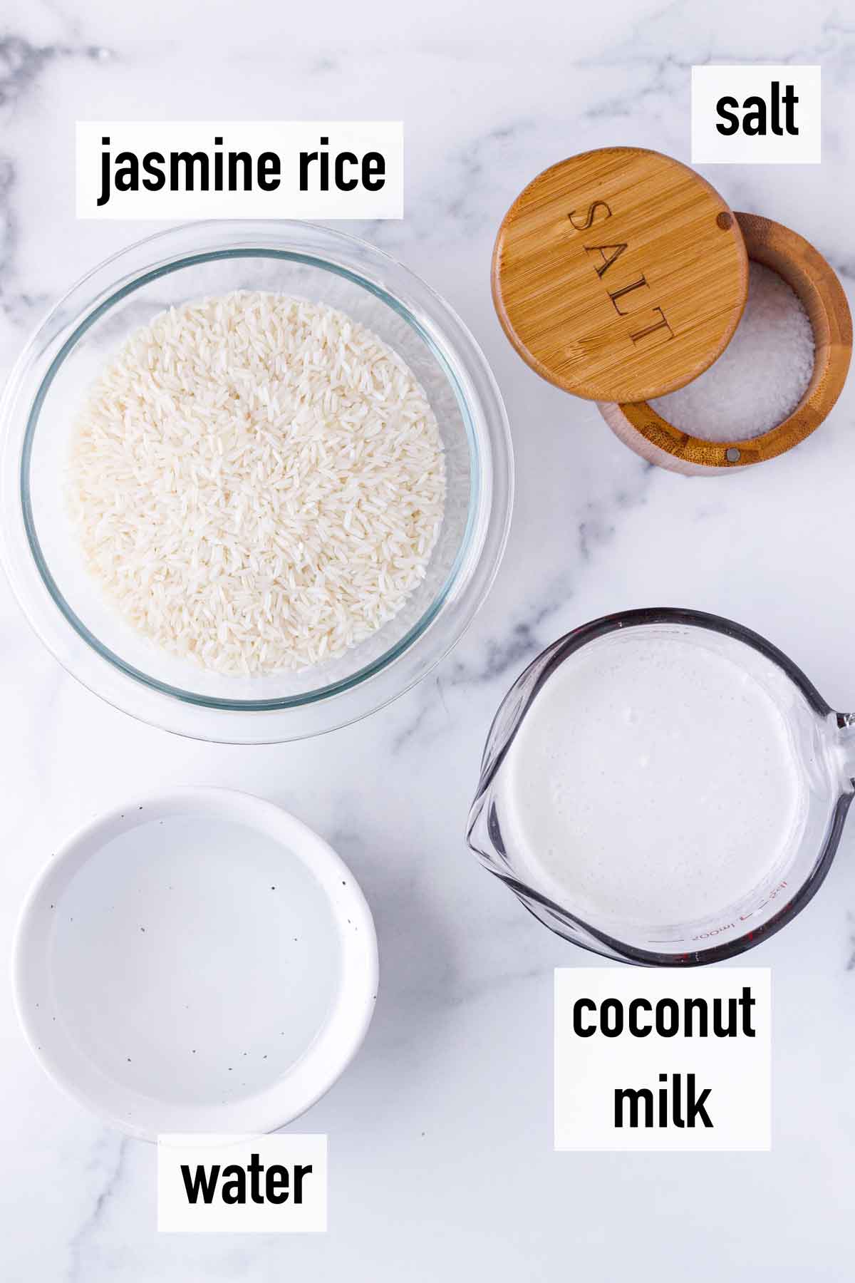 labeled ingredients to make coconut jasmine rice