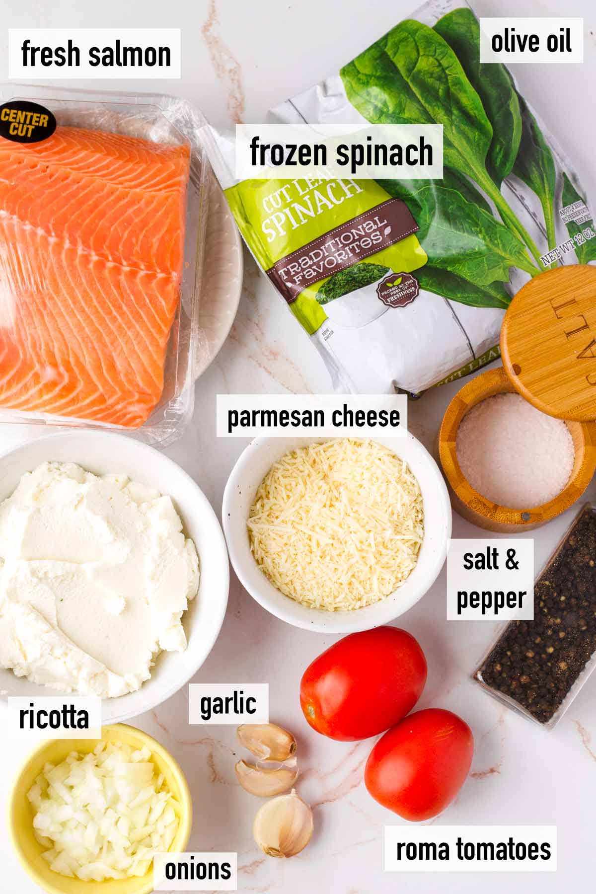 labeled ingredients to make salmon florentine